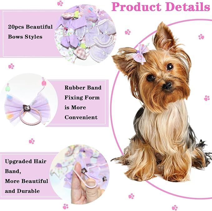 20pcs Purple Dog Hair Bows for Small Dogs - Yorkie Puppy Hair Accessories with Rubber Bands, Cute Bowknot Hair Clips for Pet Grooming, Handmade Girly Dog Bows Mix Styles