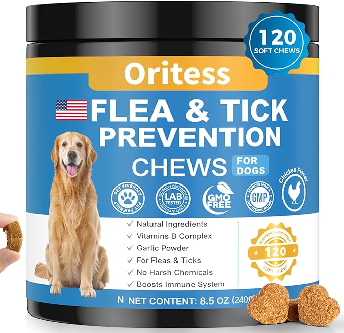 Flea and Tick Prevention for Dogs, 120 Soft Chews Natural Dog Flea and Tick Chewables Oral Flea Supplement for Dogs, Puppy Flea Support - All Breeds & Ages - Chicken Flavor