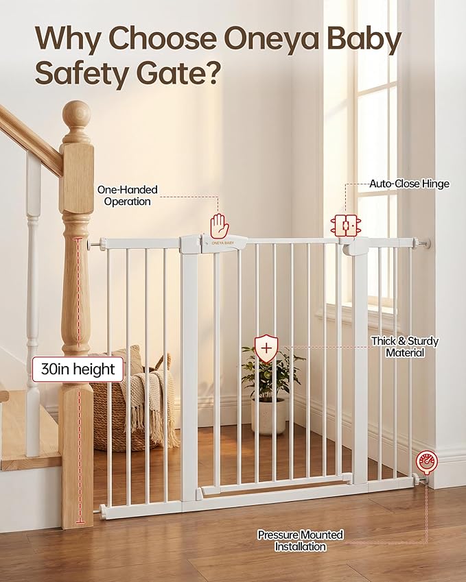 Baby Gate for Stairs, 29.92-38.98” Wide Pressure Mounted Baby Gate No Drill Needed, Auto Close Dog Gate for Doorways, Easy Walk Through Safety Child Gates for Toddler & Pet/Puppy, Indoor, White