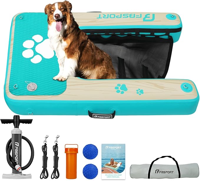 FBSPORT Inflatable Dog Boat Ramp Floating Dock Water Ladder for Pool, Boat, Non-Slip EVA Floating Ladder Pool Ramp for Dog Up to 220 LBs, Safe & Easy Access