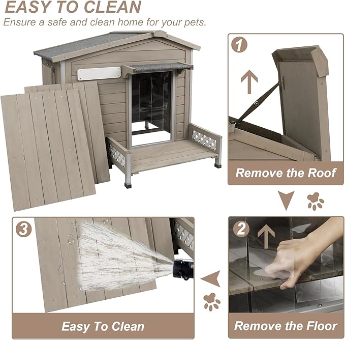34" L Outdoor Dog House with Porch, Removable Floor, Raised Feet Anti-Chewing Iron Frame – Weatherproof Wooden Dog Kennel for Indoor/Outdoor Use, Ideal for Small to Medium Dogs