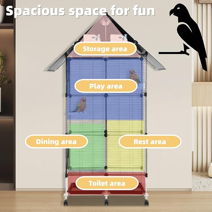 64 Inch 3-Tier Big Bird Cage with Food & Water Bowls Parakeet Bird Cage with Stand, Wheels Metal Birdcage Parrot Cage for Parakeet, Lovebirds, Ringneck, Cockatiels (Black, 3-Tier)