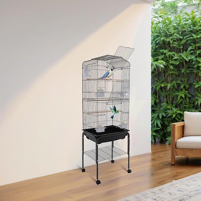 Large Bird Cage with Wheels, Budgie Cage with Bottom Storage Shelf, 54in Tall Bird Cages for Parakeets, Parrot, Cockatiel, Pull-Out Tray&Mesh Bottom (Black)