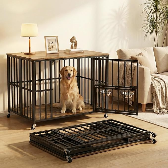 43" Dog Crate Furniture Foldable, Large Dog Kennel Furniture with Swing-Out Bowl & Dual Base Sets (Feet+Wheel), No Assembly Foldable Dog Crate Furniture, End Table for Large Dogs, Rustic Brown