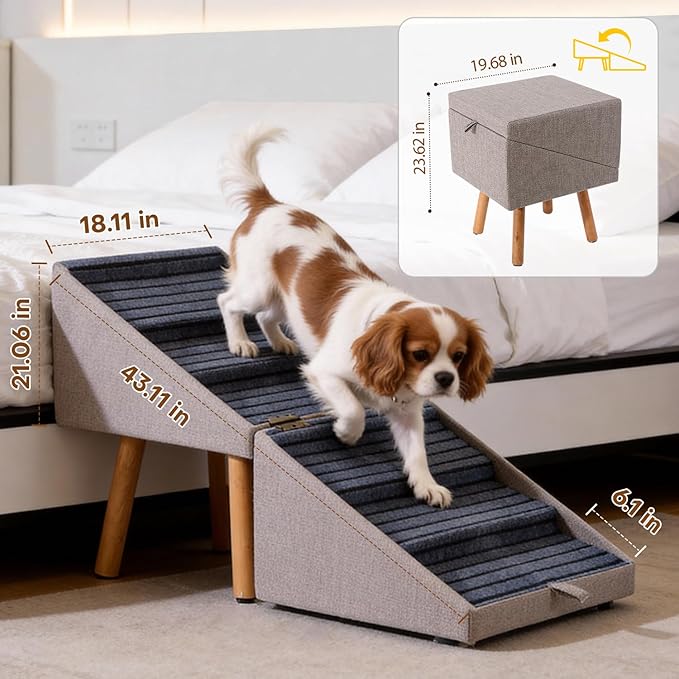 21.06”H Dog Stairs for High Bed, 6-Step Pet Stairs with Split Ottoman Design - Tall Dog Steps Convertible to Bedside Table Nightstand, Large Non-Slip Stairs for Big Medium Dogs to Bed