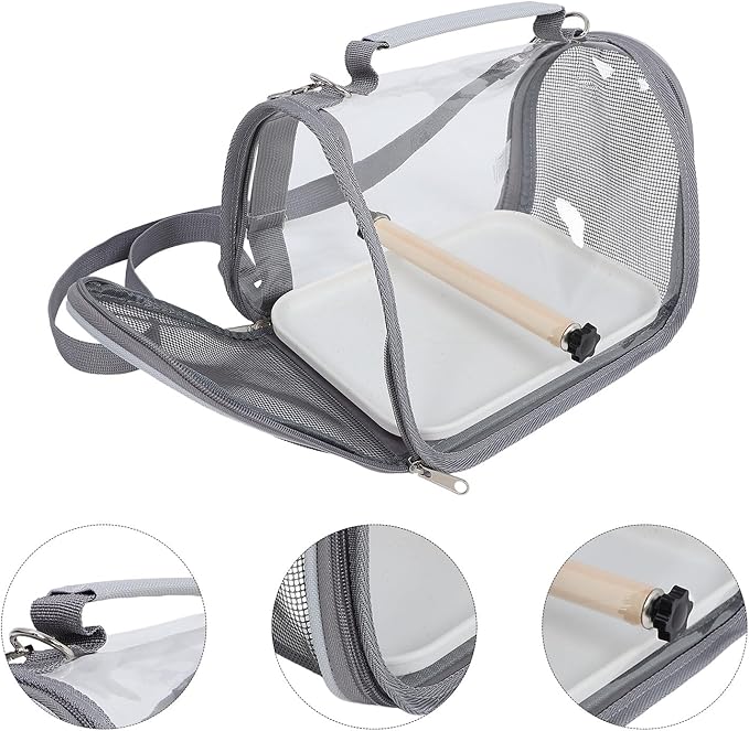 POPETPOP Portable Travel Cage and Bird Carrier for Small Birds, Lightweight Grey Pet Transport Cage with Perch for Parakeet and Budgie Outdoor Use