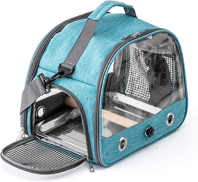 Portable Bird Cage Bird Carriers Foldable Panoramic View with Perch Removable Tray for Parrot Hamster Hedgehog Rabbit Sugar Glider (Blue)