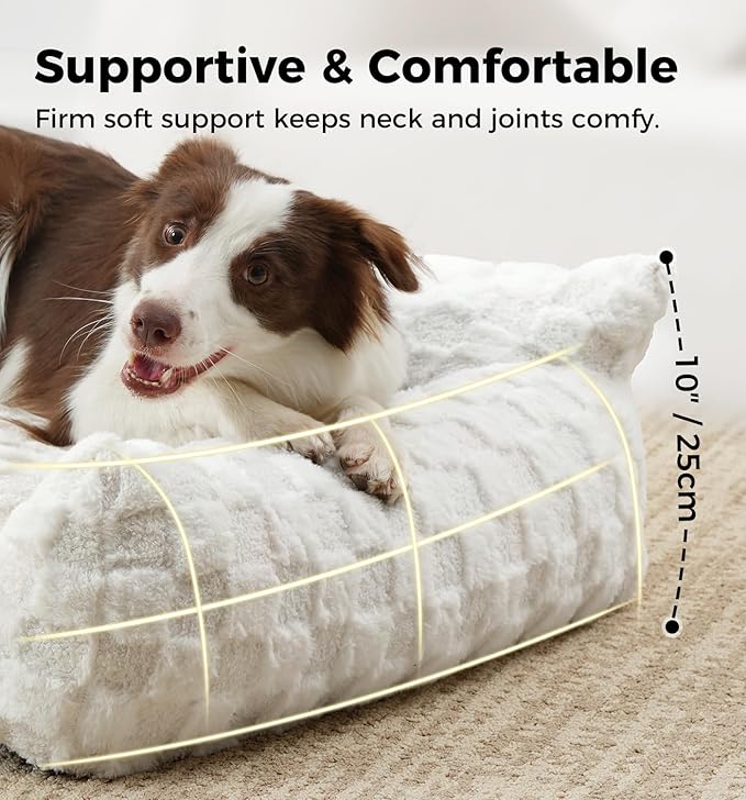 Made4Pets Cat and Dog Indoor Couch Bed, Soft Faux Fur Checkered Pet Sofa, Cozy Fluffy Pet Sofa with Supportive Foam, Removable Washable Cover with Non-Slip Base, White, Medium