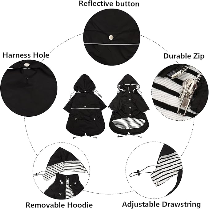 Morezi Dog Zip Up Raincoat with Reflective Buttons, Rain/Water Resistant, Adjustable Drawstring, Removable Hood, Raincoats with Legs 8lbs to 80lbs Available - Black - XS