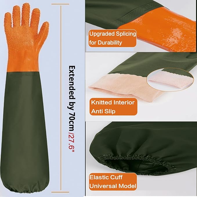 YOFANG Pet Grooming Gloves for Washing Dogs & Cats, 27.6" Extra Long Waterproof Rubber Bath Gloves, Anti-Bite Anti-Scratch Hair Removal Cat Bath Glove with Soft 3500+ Particles, Orange