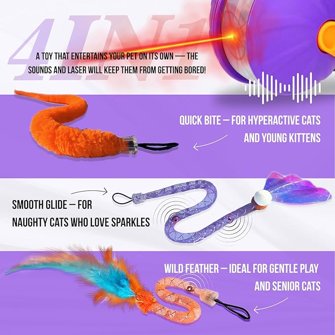 Interactive Cat Toy - Automatic Laser & Motion Toy for Indoor Cats, 4-in-1 with 3 Interchangeable Tails, Rechargeable Electronic Pet Toy for Kittens & Adult Cats
