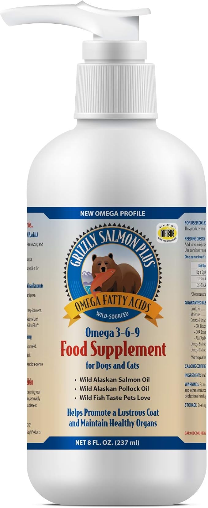 Grizzly Pet Products Salmon Plus Omega 3-6-9 Food Supplement for Dogs and Cats, 8 Ounce