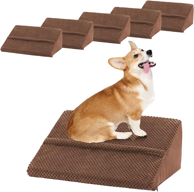 40D Density Foam Dog Ramp with Anti-Slip Bump for Stairs Suits for Small Dogs Cats, Pet Ramp Steps Stairs for Staircase Indoor with Self-Sticky Pads to Fix(6Pack, Brown)