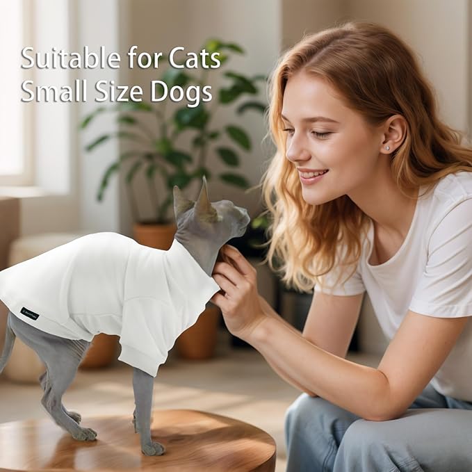 Fleece Sphynx Cat Clothes Soft Hairless Cat Clothes Pullover Cat Sweater for Chihuahua All Season Light and Warm Kitten Cloth for Cats Only Puppy Clothes Small Dog Sweater (White, Medium)