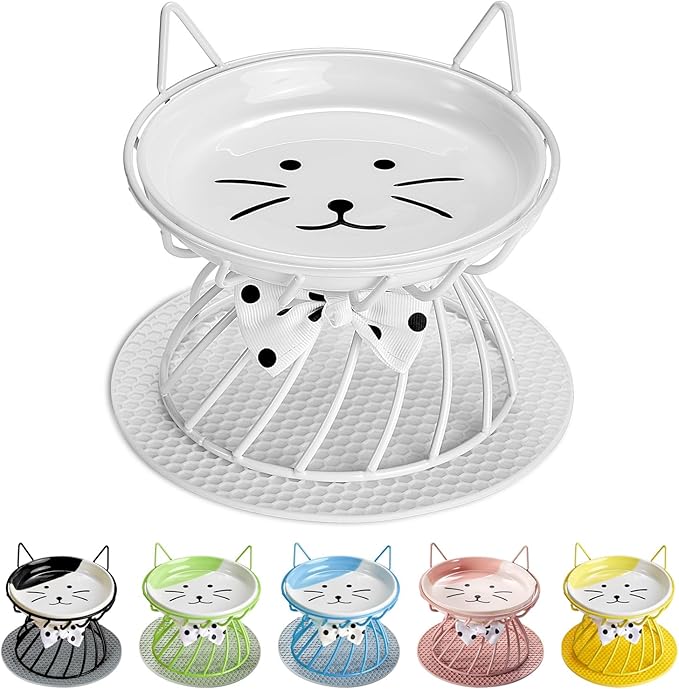 Elevated Cat Food Dishes, Whisker-Friendly Cat Plates with Metal Stand for Food and Water, Anti-Vomit, Non-Slip Feeding Station for Indoor Cats, Kitte