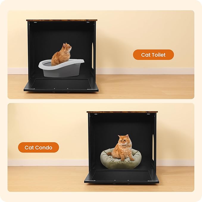 Dwanton Cat Litter Box Furniture Hidden, Cat Litter Box Enclosure, Reversible Entrance Can Be on Left or Right Side, Indoor Cabinet, Wooden Washroom, Nightstand, Black and Rustic Brown, 23.6" L