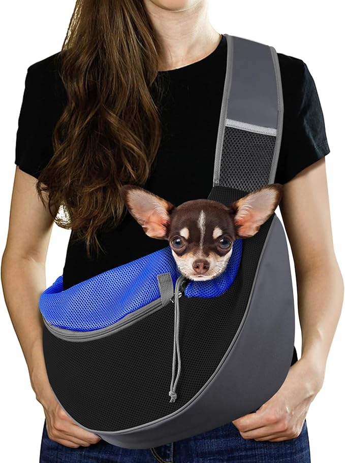 Pawaboo Dog Sling Carrier, Hand Free Breathable Mesh Bag for Puppy Cat, Drawstring Dog Papoose with Adjustable Strap and Pocket, Crossbody Satchel Dogs Purse for Outdoor Travel, M, Indigo