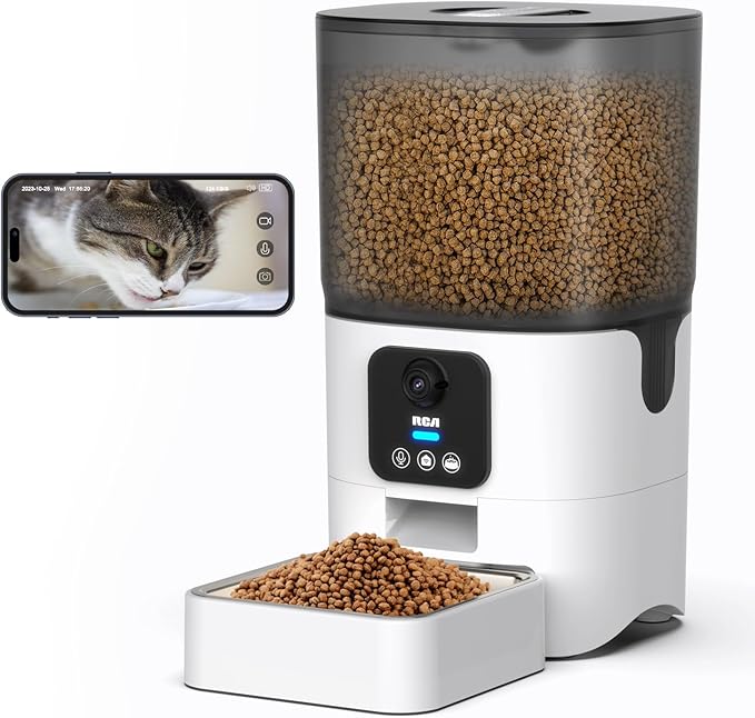 RCA Smart Automatic Pet Feeder with 1080p HD Camera, WiFi App Controlled Cat & Dog Food Dispenser with Two-Way Audio, Motion Detection, Night Vision, Portion Control, Alexa Compatible Feeder