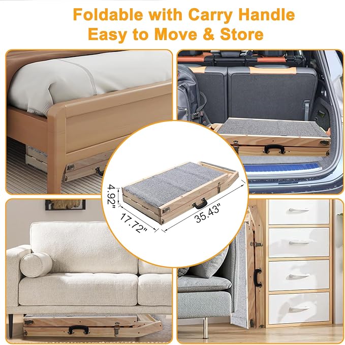 Dog Ramp for Bed, Couch & Car – Adjustable Foldable Pet Ramp, 64.17" Long, 17.72" Wide, Non-Slip Surface with Safety Rails, 8 Heights 20.08"-28.35", Supports 220 lbs, Solid Wood (Gray, 17.72)