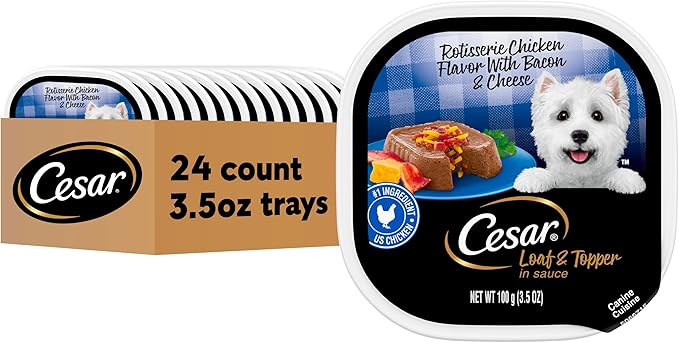 Cesar Loaf & Topper in Sauce Wet Dog Food, Rotisserie Chicken Flavor with Bacon & Cheese, Wet Food for Dogs, 3.5 oz Easy Peel Trays, 24 Count