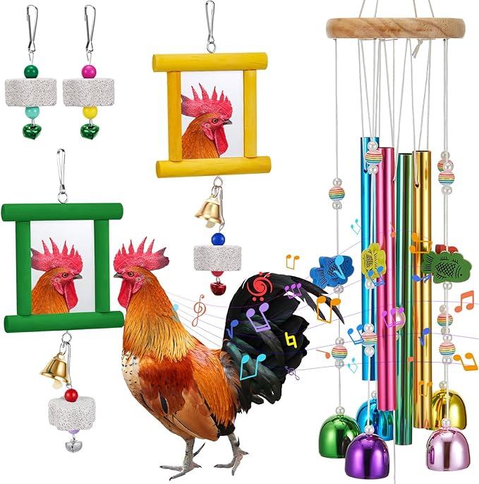 7 Pcs Chicken Toys, Hanging Chicken Wind Chime, 2 Pcs Coop Mirror Toys with Bells 4 Pack Beak Grinding Stones, Musical Coop Accessories for Hens Roosters Chicks Poultry Birds(Yellow，Green)