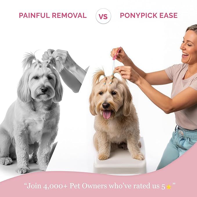 Pet Hair Elastic Rubber Band Cutter – 3 Picks and 50 Clear Elastics – Pet Grooming Tool for Easily Removing Dog Bows and Hair Accessories