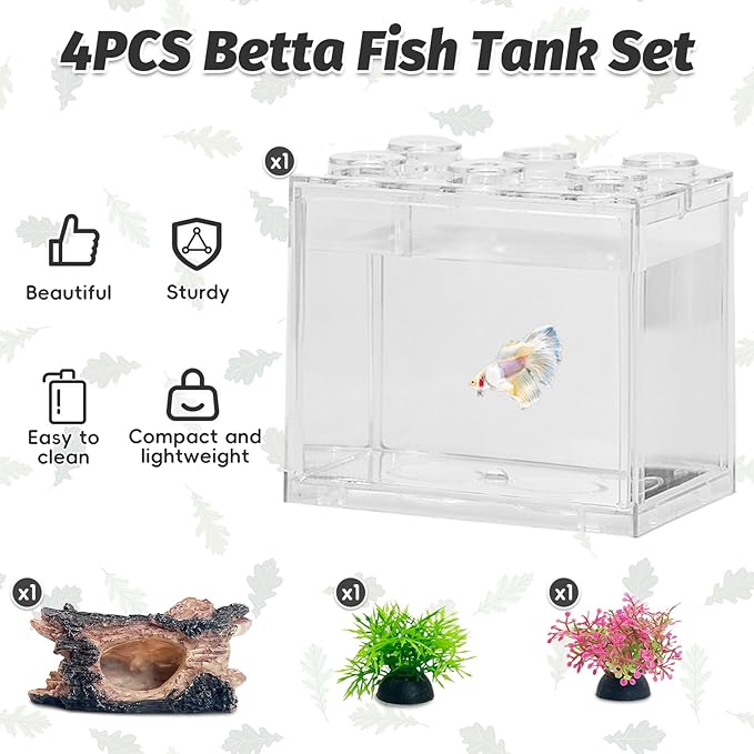 PINVNBY Mini Betta Fish Tank Kit Stackable Small Aquarium Kit 0.6 Gallon Fighting Fish Tank Set with 2Pcs Artificial Plants and Decorations Cave for Small Fish Shrimp Crab Snails Turtle as Decoration