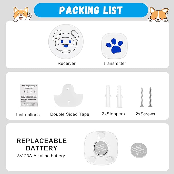 Dog Doorbell, Wireless Ring Bell to Go Outside, IP55 Waterproof Buttons, 55 Melodies, 4 Volume Levels & 950ft Range (White, 1 Reciever 1 Transmitter)