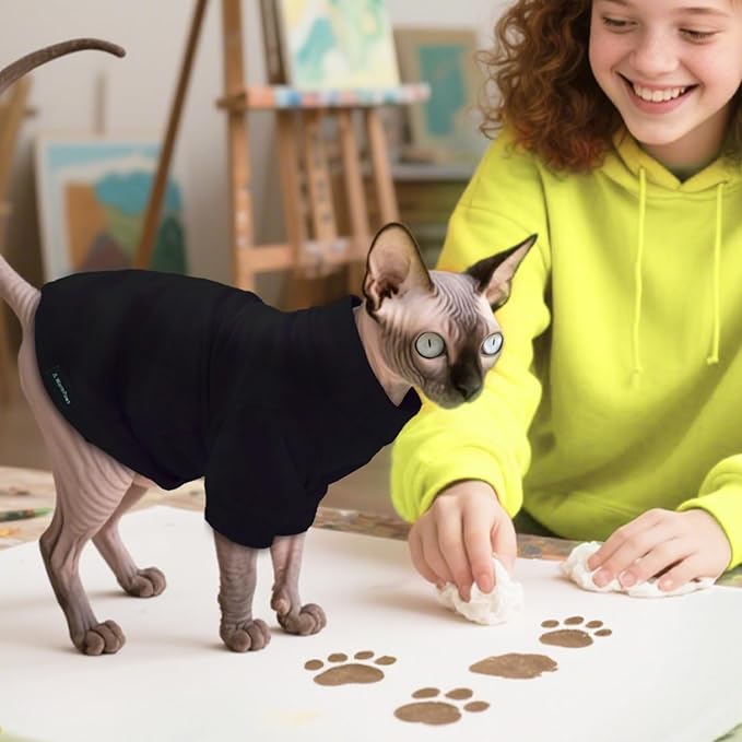 Fleece Sphynx Cat Clothes Soft Hairless Cat Clothes Pullover Cat Sweater for Chihuahua All Season Light and Warm Kitten Cloth for Cats Only Puppy Clothes Small Dog Sweater (Black, Large)