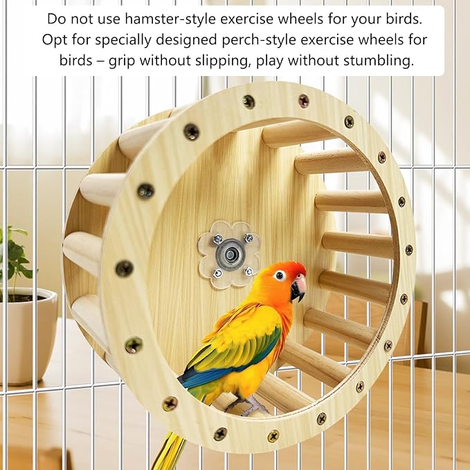 PINVNBY Wooden Bird Exercise Wheel Parrot Running Wheel Toy Cage Mounted Parakeet Interactive Spinner Toy Bird Rotating Perch for Budgies Lovebird Java Sparrow Canary Parrots and Some Small Animals