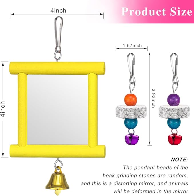 Sumind 2 Pieces Chicken Mirror Toys Hanging Swing Mirror with Bell Wooden Pecking Toy and 4 Pieces Beak Grinding Molar Stones for Hens Birds Parrots(Blue, Yellow)