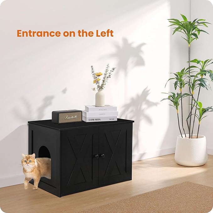 Dwanton Litter Box Enclosure, Cat Litter Box Furniture Hidden, Reversible Entrance Can Be on Left or Right Side, Wooden Cat Washroom Indoor, Black, 27.6 Inches