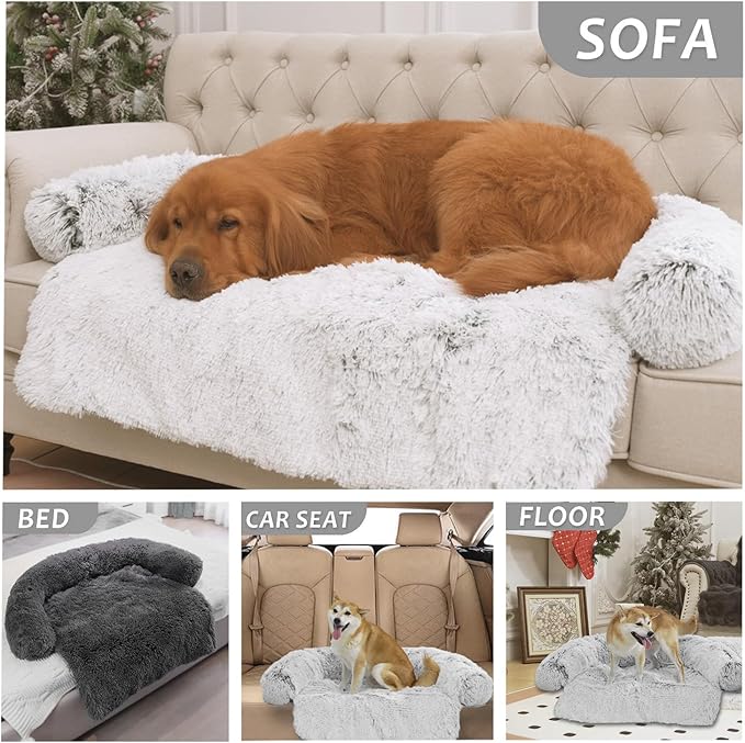 Calming Dogs/Cats Bed Mats, Dog Pad Washable Removable Couch Cover, Plush Long Fur Mat for Pets, Waterproof Lining, Perfect for Small, Medium and Large Dogs and Cats (Light Gray, 34"x30")