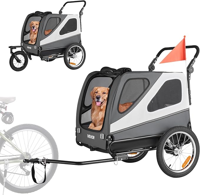 VEVOR Dog Bike Trailer, Supports up to 66/88/100 lbs, 2-in-1 Pet Stroller Cart Bicycle Carrier, Easy Folding Cart Frame with Quick Release Wheels, Universal Bicycle Coupler, Reflectors, Flag