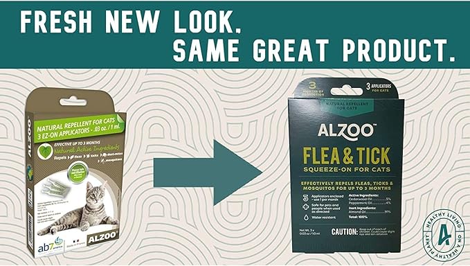 ALZOO Natural Flea & Tick Squeeze-On for Cats, Helps Repel Fleas, Ticks & Mosquitos, Up to 3-Months Protection, Plant-Based Active Ingredients, Water-Resistant, 3 EZ-On Applicators Per Pack