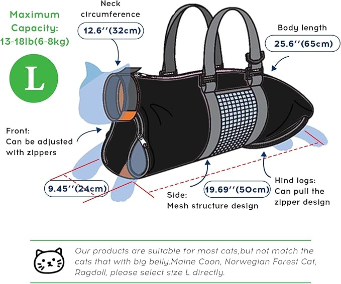 Cinf Cat Nail Clipping Cleaning Grooming Restraint Bag (Free Muzzle) Set No Scratching Biting for Bathing Nail Trimming Injecting Examining(Black,L)