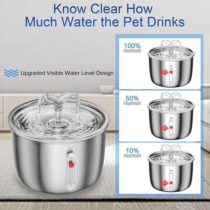 Cat Water Fountain Stainless Steel, 67oz/2L Pet Water Fountain Ultra Quiet Pump Cat Automatic Water Dispenser 3 Flow Modes for Inside Cats Small Dogs Puppies Multiple Pets Watering Supplies