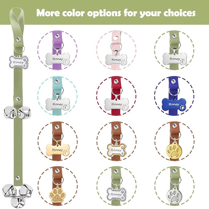Leather Dog Bells, Puppy Potty Training Bell Dog Doorbell Potty Train Dog Bell for Potty Training Door Bells for Dogs to Ring to Go Outside Jingle Bells (Leather Green, Glitter Bone 1 PCS)