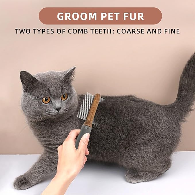 HOP Double-sided Grooming Comb,Dematting Comb for Long Hair and Sick Hair Dog&Cat, Stainless Steel Teeth with Wooden Handle,Loose Fur Removal and Remove Tangles and Knots