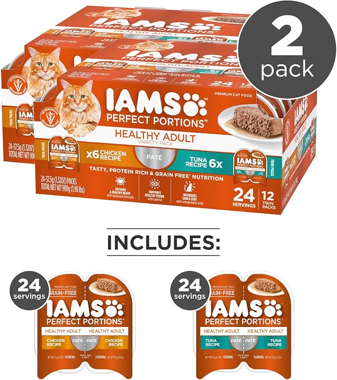 IAMS Perfect Portions Healthy Adult Wet Cat Food Pate,Chicken and Tuna Recipe Variety Pack,Easy Peel -Pack Trays (,24 Servings),12 Count (Pack of 4)