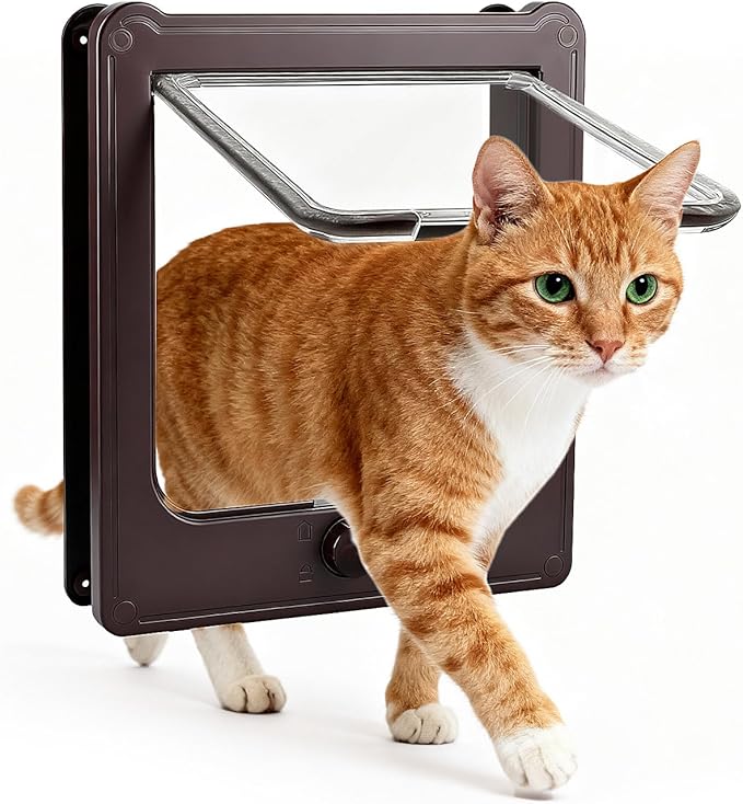 NAMSAN Cat Door Interior Door, Brown, Flap Opening 7.1" x 7.3", 4 Way Locking Cat Door for Exterior Door, Weatherproof Pet Door for Cats Small Dogs, Cat Flap Doors for Wooden/Metal Door, Window