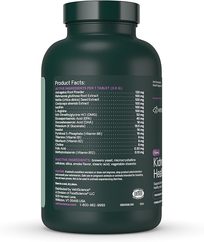 VetriScience Kidney Health Chewable Tablets, Renal Essentials Supplement for Dogs, Urinary Tract and Kidney Support with Mushroom, Astragalus Root, Nettle Seed and Herbs, Smoke, 60 Count