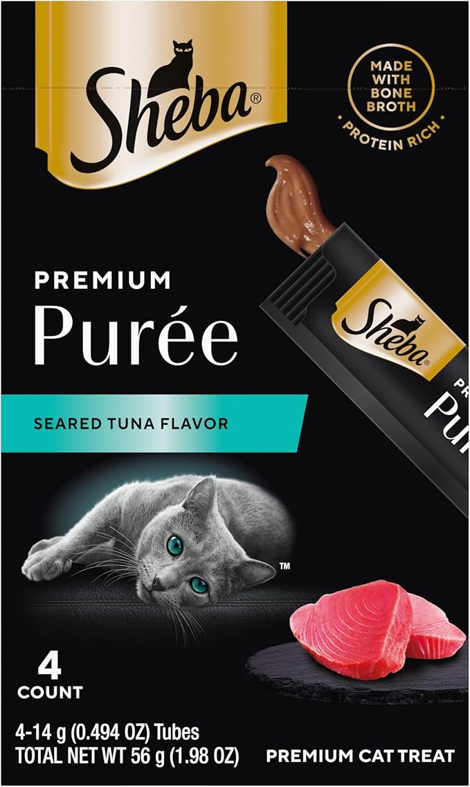 Sheba Premium Puree Cat Treats Lickable Seared Tuna Flavor, Lickable Cat Treats, 0.49 oz. Tubes, 4 Count (Pack of 11), Total 44 Count
