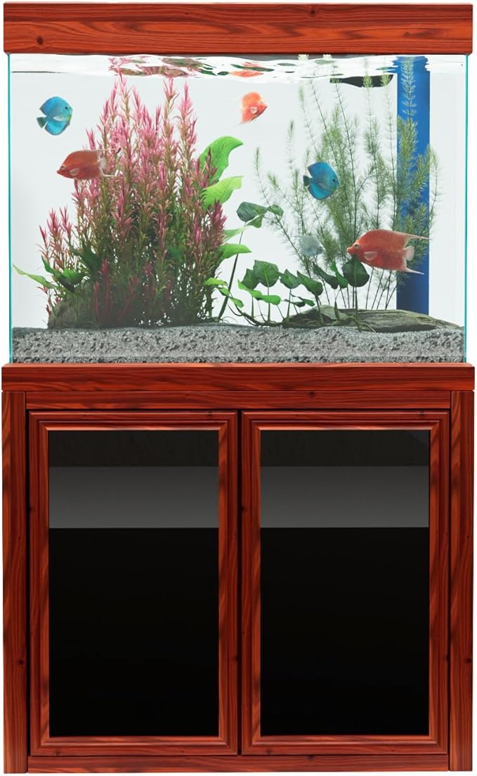 50 Gallon Glass Aquarium with Aluminum Cabinet - Including Sump for Filtration and Circulation, Plumbing, LED, Redwood