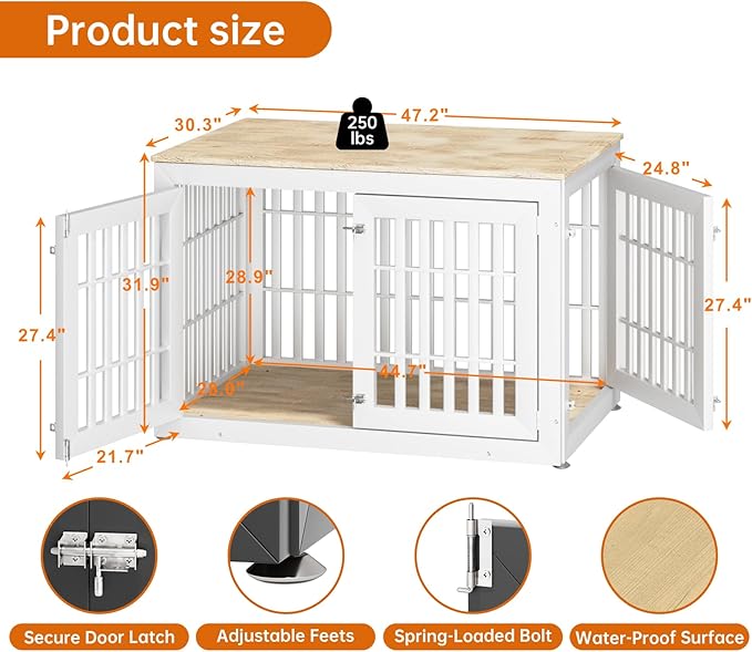 48" Heavy Duty Dog Crate Furniture for Small,Medium and Large Dogs,Rustic Wooden Dog Cage Kennel Indoor Furniture with Waterproof Top,Decorative Pet House Side End Table (White & Wood)
