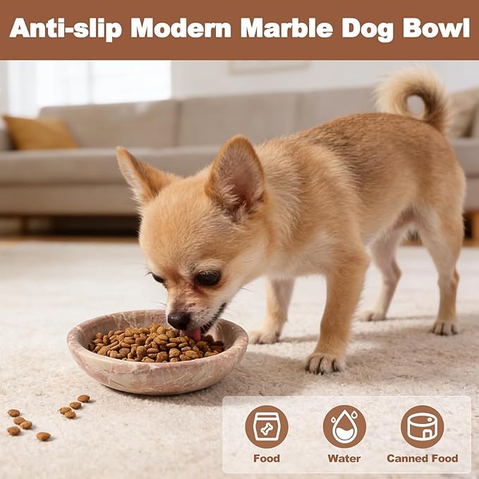 Natural Marble Cat Bowl, Weighted 1.5lb Cat Food Bowl for Cat and Small Dog, Small Animal Pet Food Dish Non-Slip, Shallow Dish for Whisker Fatigue Relief, Premium Red Stone for Home Decor