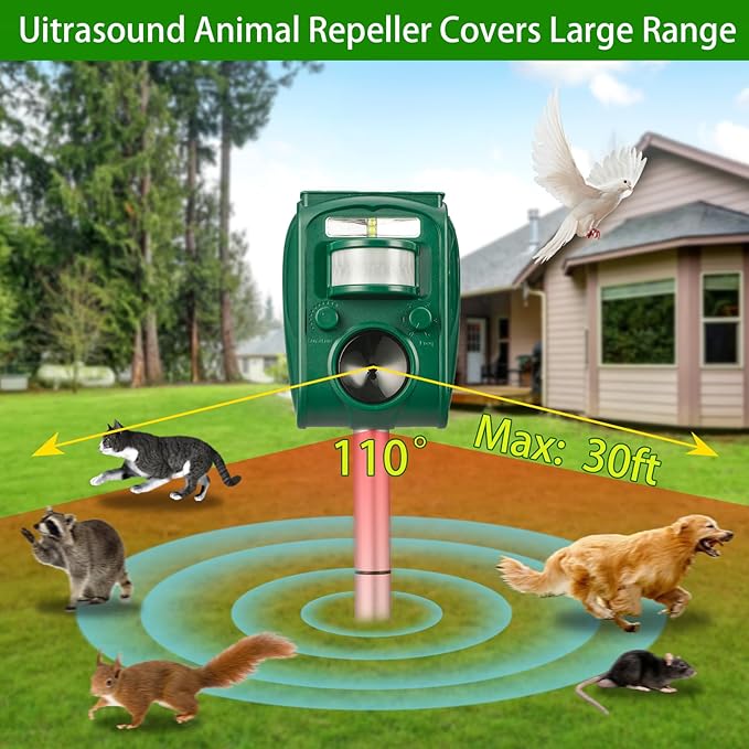 Solar Ultrasonic Animal Repellent Outdoor, Squirrel Deer Repellent Devices Motion Detection,IP65 Waterproof Cat Mouse Raccoon Dog Bird Repellent Deterrent 2 Pack
