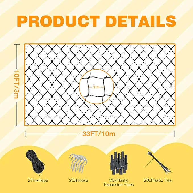 Steel Reinforced Cat Netting for Balcony Anti-Fall Fence Safety Net, Extra Strong Cat Net for Catio Safety Cat Balcony Netting for Pets Cat Proof Screen Pet Net Cat Balcony Protection Barrier10FTx33FT