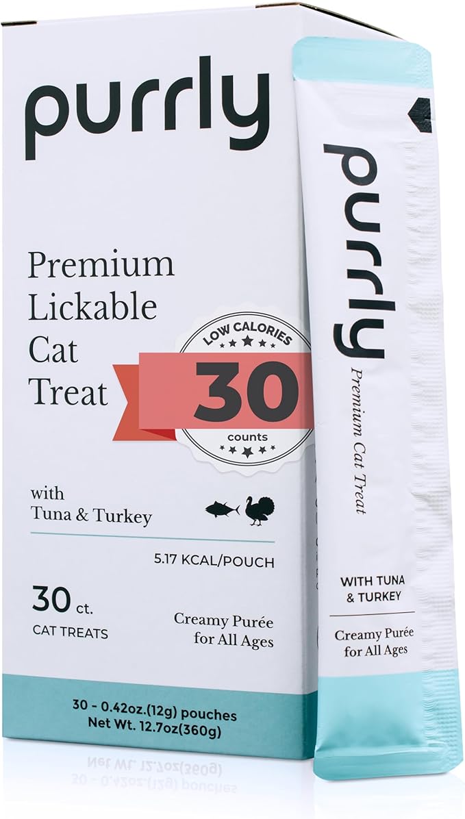 Purrly Lickable Cat Treat Healthy Human-Grade Tuna & Turkey with L-Lysine & Astaxanthin for Immunity (30 Count) Soft Low Calorie Hydrating Interactive Snack Wild-Caught Farm-Grown Grain-Free