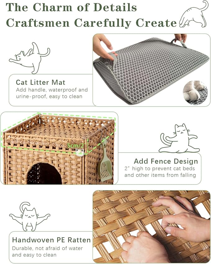 Cat Litter Box Enclosure Furniture, Hidden Litter Box with Mat and Fence, Handwoven Rattan Cat House with Two S-Shaped Hooks for Living Room, Bedroom, 18.5 x 20.5 x 19.1 Inches (Natural)